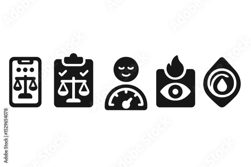 Mindful Digital Balance. Solid style icons of mindful digital balance: app with balanced workflow, balanced task tracker, calm