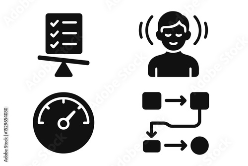 Mindful Digital Balance Icons. Solid style icons of mindful digital balance: balanced task chart, user with calm aura, flow meter