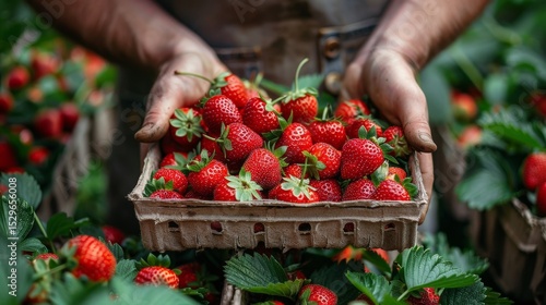 A close-up of hands holding a basket filled with vibrant, ripe strawberries, showcasing the beauty of freshly harvested fruits, highlighting nature and agriculture.