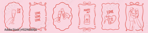 Elegant wedding poster set. Hand drawn romantic cute just married couple, champagne, engagement ring in coquette line style. Unique doodle sketched vector illustrations for invitations.	