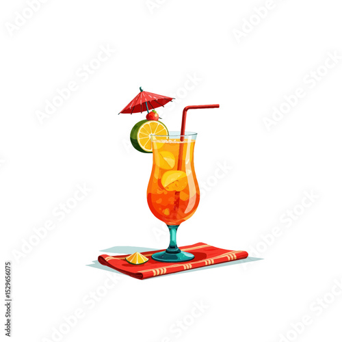 Tropical cocktail with umbrella and citrus on a red napkin  