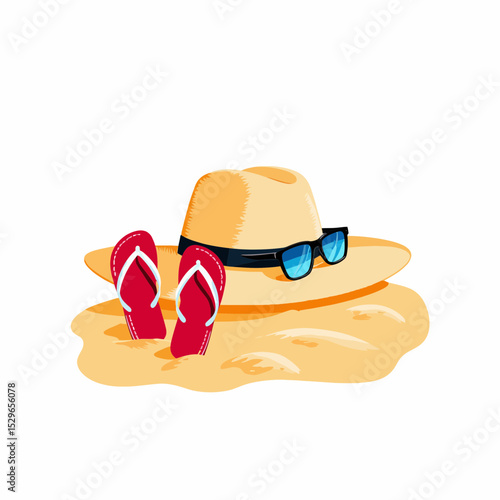 Beach hat and flip-flops resting in the sand with sunglasses  