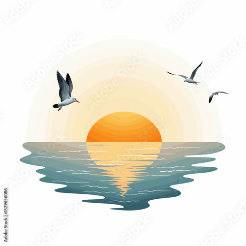 Seagulls flying over calm sea at sunset with golden sun reflected  