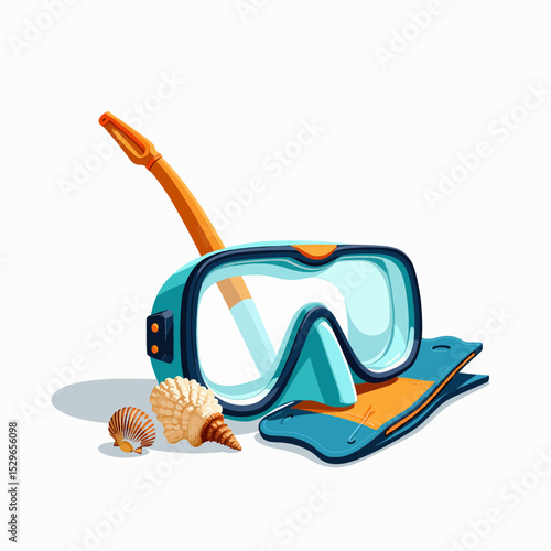 Snorkeling gear with mask, snorkel, and seashells on white background  