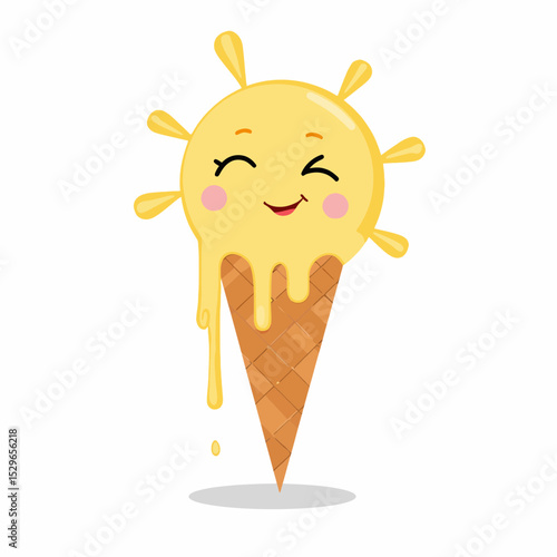 Happy sun ice cream character melting on a cone with cheerful expression  