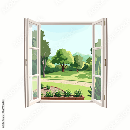 Open window view of green garden with trees and pathway outside  