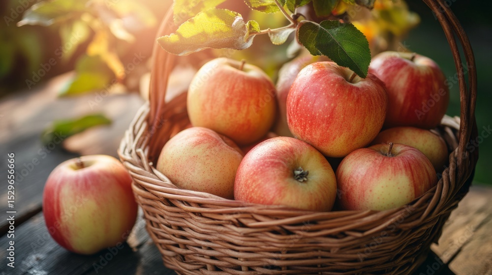 Juicy apples in a wicker basket, warm natural light, rustic style. generative ai Juicy apples in a wicker basket, warm natural light, rustic style. generative ai