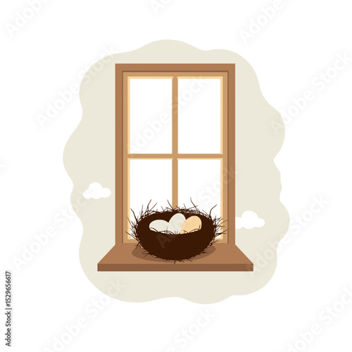 Nest with eggs on a windowsill against a light background  