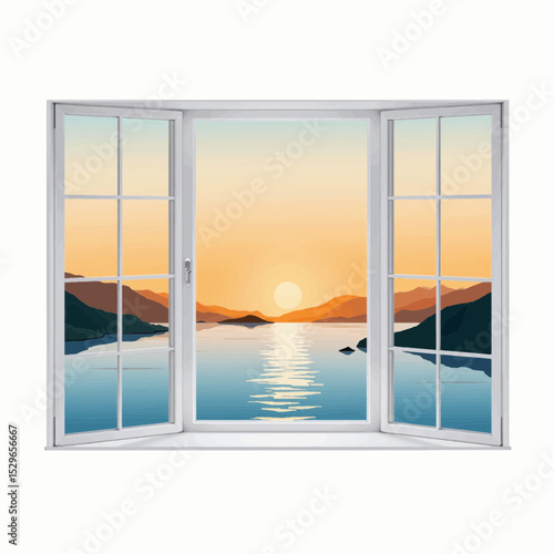 Scenic view of sunset over calm lake framed by open windows  