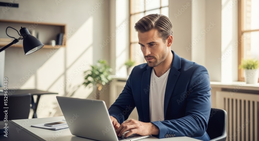 Man Working on Laptop in Modern Office - A focused businessman works on his laptop in a bright, modern office space. Sunlight streams through large windows Man Working on Laptop in Modern Office - A focused businessman works on his laptop in a bright, modern office space. Sunlight streams through large windows