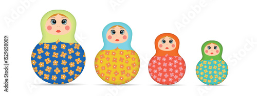 Russian Matryoshka. Traditional Russian folklore dolls with big eyes and lips. Babushka doll with hohloma, traditional painted floral pattern. Set with hand drawn vector illustration.