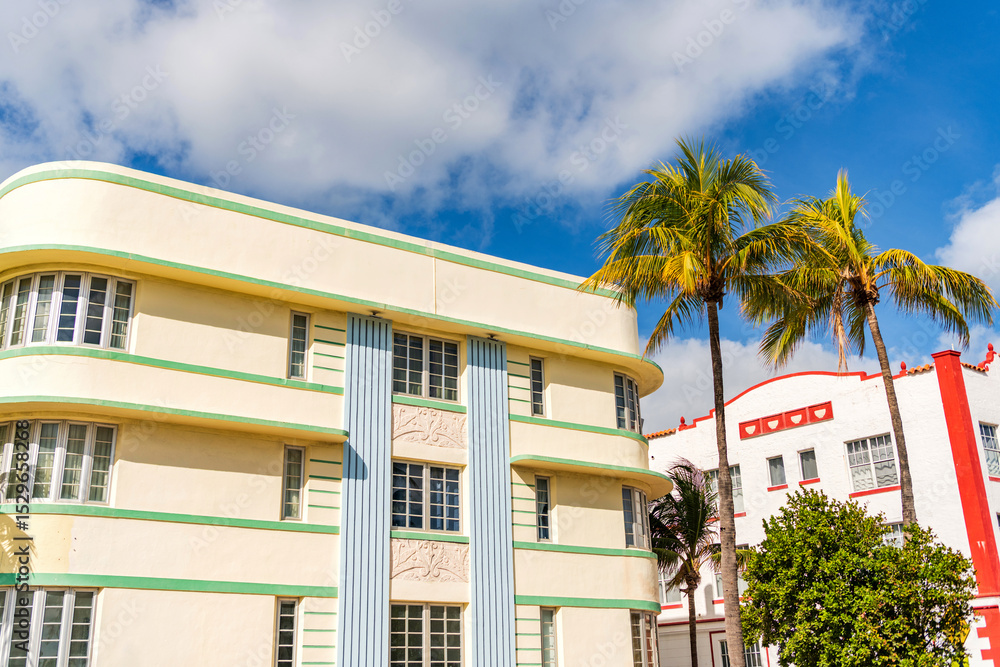 Fototapeta premium Art deco architectural district. Art Deco. Modern building of Miami beach. Ocean drive. Miami South Beach in Ocean Drive. Art Deco building architecture. Architectural building residential apartment