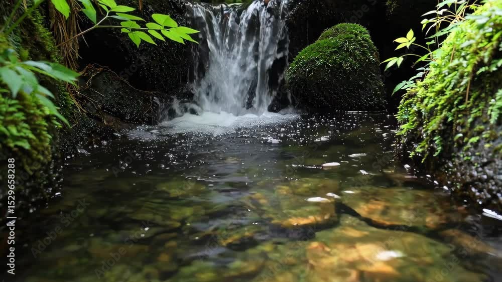 Tranquil Waterfall Cascading Over Mossy Rocks in Lush Green Forest Setting Tranquil Waterfall Cascading Over Mossy Rocks in Lush Green Forest Setting