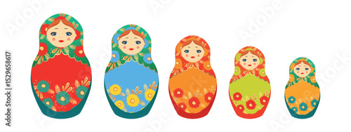 Russian Matryoshka. Traditional Russian folklore dolls with big eyes and lips. Babushka doll with hohloma, traditional painted floral pattern. Set with hand drawn vector illustration.