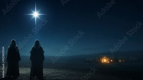 Three wise men journey to Bethlehem, guided by a bright star in the night sky