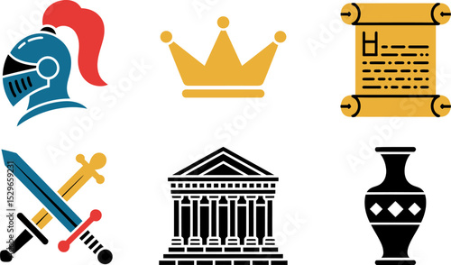 Vector icons set history and medieval times elements helmet crown scroll swords temple vase clip art editable stock vector illustration