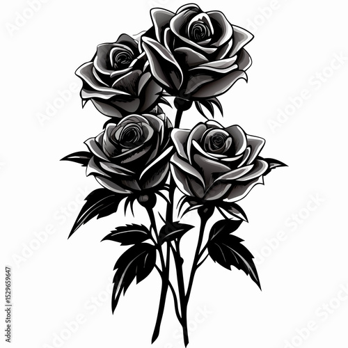 Three Black Roses Bouquet, Monochrome Floral Illustration