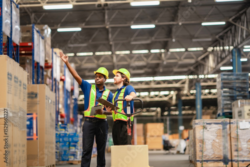 Discussion about machinery layout and traffic paths guided by digital tablet in busy warehouse.