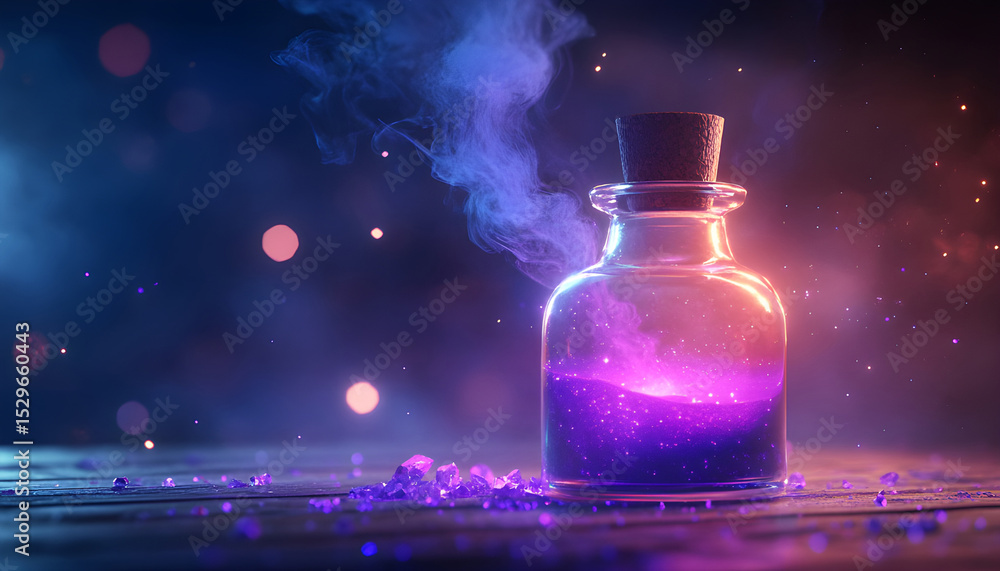 A mysterious purple potion bubbling in a glass flask A mysterious purple potion bubbling in a glass flask