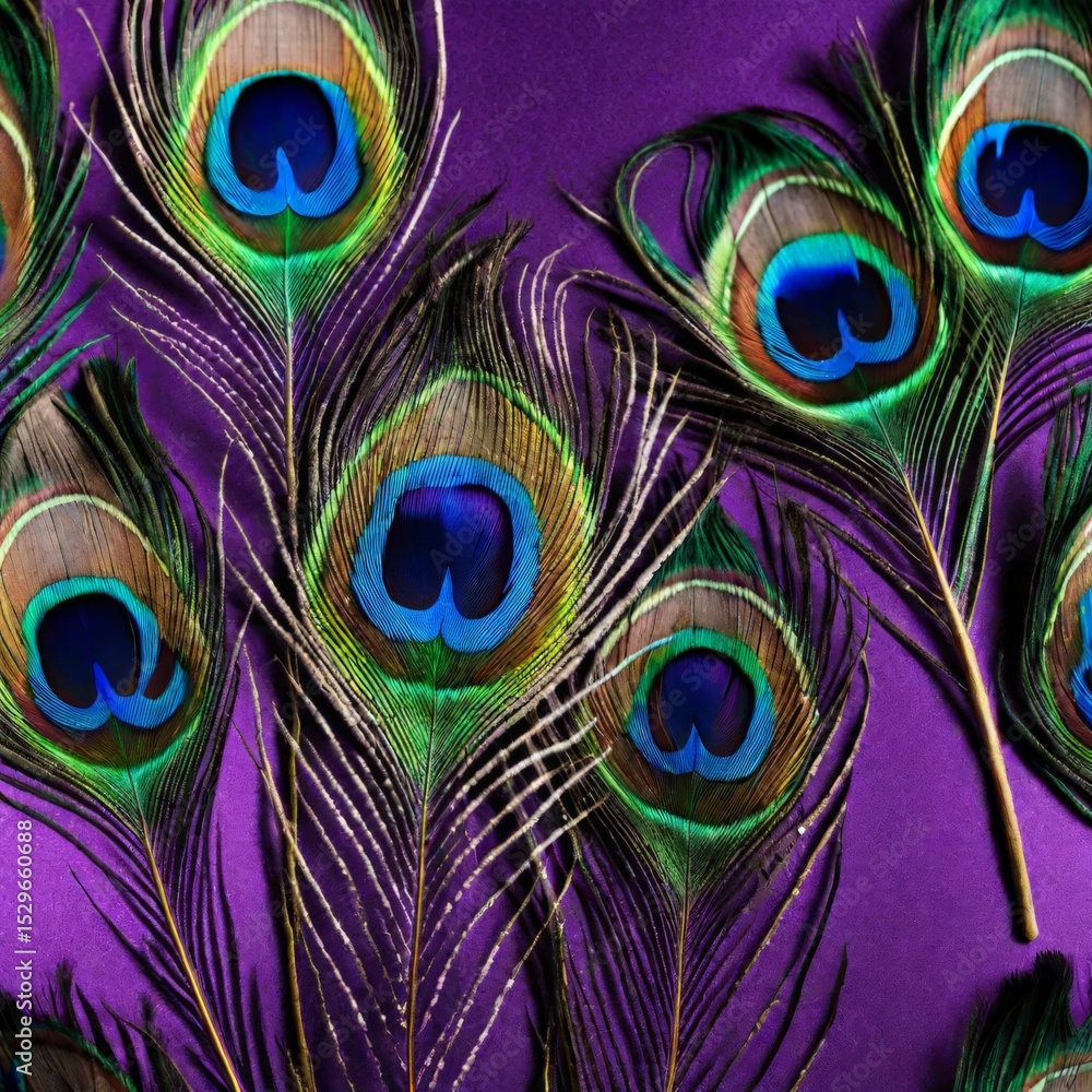 Fototapeta premium Close-Up of Peacock Feathers with Detailed Eye-Spot Patterns, Showcasing Natural Beauty.