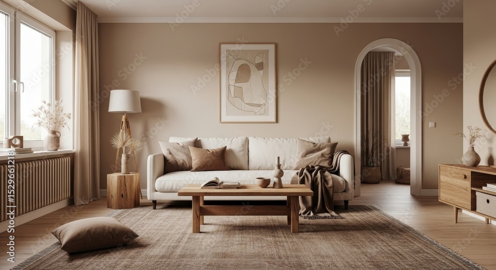 Fototapeta premium Serene Living Room Interior Design - Calm and minimalist living room with neutral tones, natural wood furniture, and soft textiles