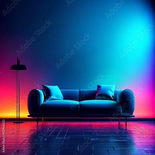 Modern Living Room with a Sofa and Table, Illuminated by Vibrant Blue and Purple Neon Lights.