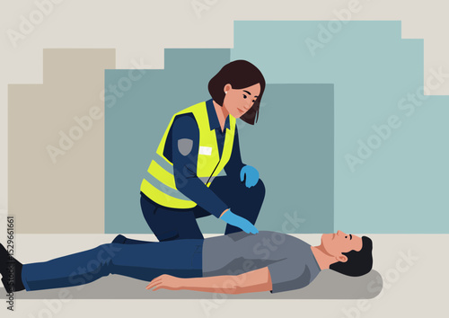 Illustration of a female first responder providing medical assistance to a man lying on the ground in an urban setting