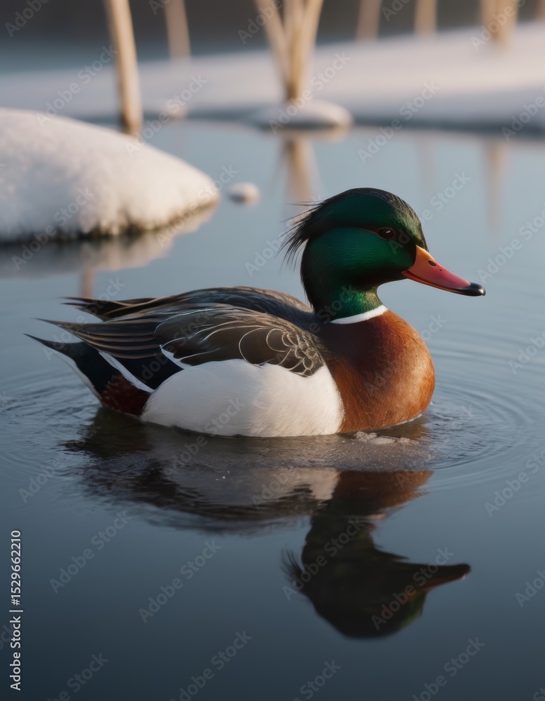 Obraz premium Colorful male duck swimming gracefully in a serene pond, surrounded by soft snow-covered reeds, reflecting nature's beauty and tranquility in a winter landscape