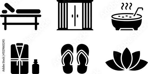 Spa wellness center massage therapy relaxation zen beauty treatment body care health and wellbeing icons set editable stock vector illustration