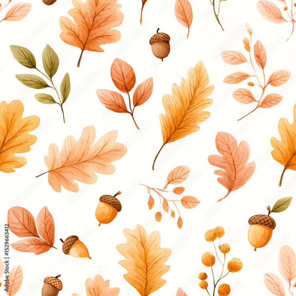 Fototapeta premium watercolor seamless pattern of autumn leaves and acorns in pastel orange, brown, and blush tones