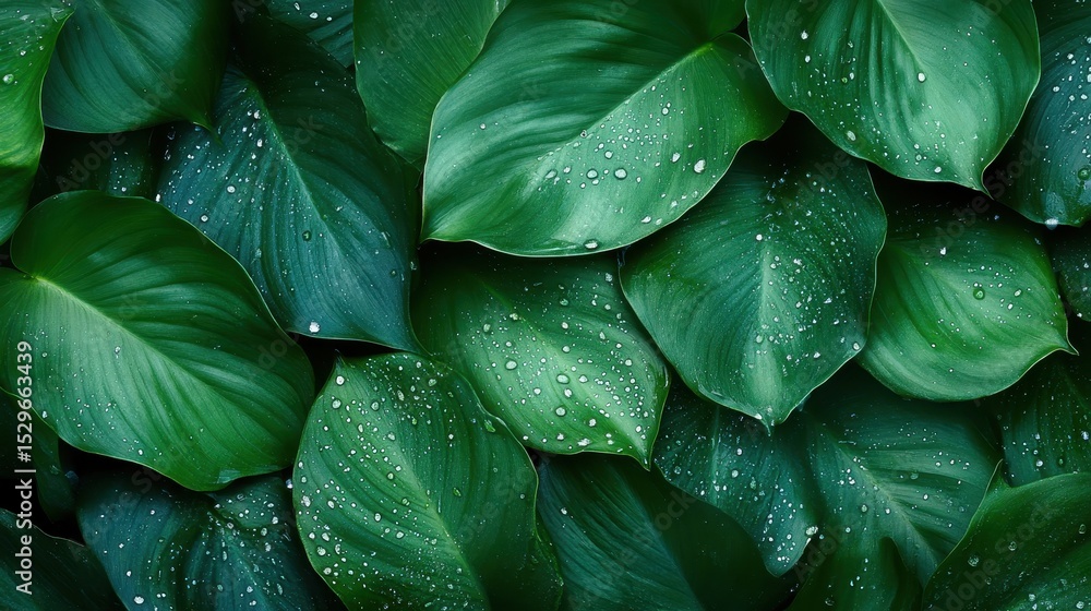 Obraz premium A mesmerizing close-up view of vibrant green leaves adorned with glistening dew drops, showcasing the beauty of nature's details and refreshing serenity.