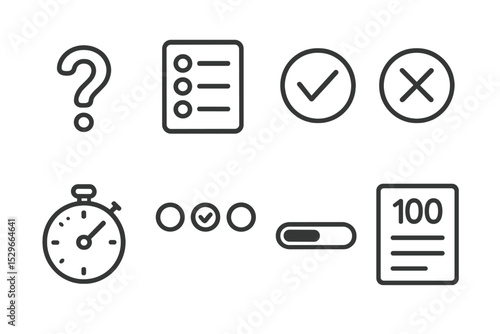 Quiz Icons Collection. Line style icons of quizzes and tests: question mark icon, multiple choice sheet, correct answer check,