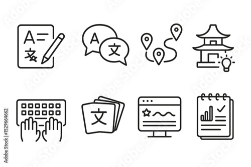 Language Course Icons. Line style icons of language courses: learn new script, dialogue icon, language milestones, cultural tips