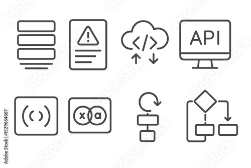 Programming Line Icons. Line style icons of programming: stack trace, error logs, code versioning, API call, function parameters,