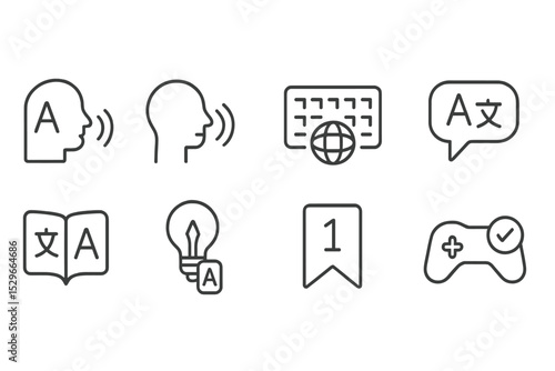 Language Course Icons. Line style icons of language courses: phrasebook icon, speaking goal, foreign keyboard icon, cultural