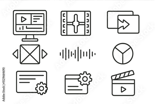 Video Editing Tools Icons. Line style icons of video editing: editing monitor, clip adjustment, video transition icon, frame by