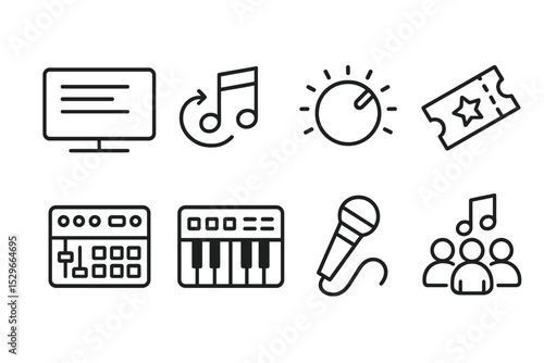 Music Icons Collection. Line style icons of music and instruments: karaoke lyrics screen, tempo adjust icon, volume knob, concert