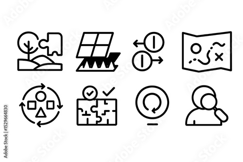 Line Style Puzzle Icons. Line style icons of puzzles: environmental puzzle icon, collapsing floor trap, synchronized switch icon,