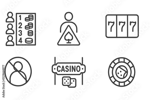 Casino Icon Graphics. Line style icons of casino: casino leaderboard, gambling addiction warning, deposit coin slot, slot win