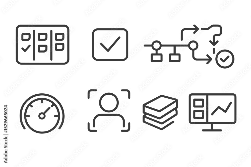 Productivity Icons Set. Line style icons of productivity: task board, completed task icon, project timeline, efficient workflow, Productivity Icons Set. Line style icons of productivity: task board, completed task icon, project timeline, efficient workflow,