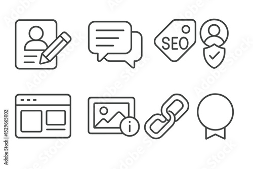Blog Icons Collection. Line style icons of blogs: blogger pencil icon, blog reply thread, SEO tag icon, author verification badge,