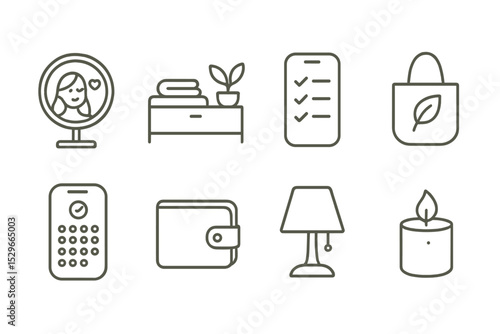 Minimalist Lifestyle Icons. Line style icons of lifestyle: self-love mirror icon, clean space icon, digital routine checklist, eco