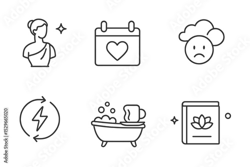 Lifestyle Line Icons. Line style icons of lifestyle: aesthetic lifestyle icon, quality time tracker, mood icon with clouds,