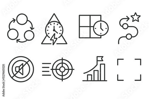 Productivity Line Icons. Line style icons of productivity: clean flow icon, peak energy hour, productivity window, success roadmap