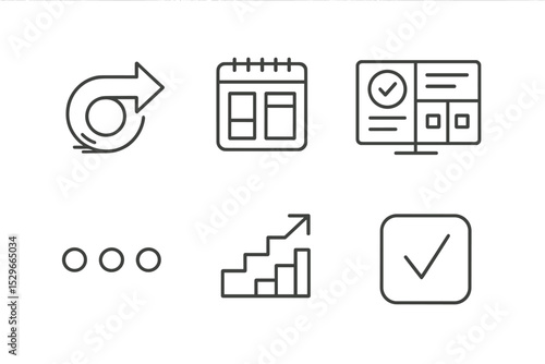 Productivity Line Icons. Line style icons of productivity: momentum icon, optimized planner, life rhythm tracker, project clarity