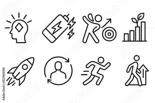 Motivation Icon Set. Line style icons of motivation: clarity ray, unstoppable energy, goal spirit icon, thrive plan, motivational