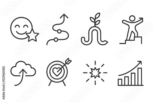 Motivation Line Icons. Line style icons of motivation: positive vibe icon, full potential path, resilience line, elevate track,