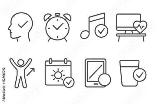 Line Style Habit Icons. Line style icons of habits: self-check habit, daily goal alarm, rhythm tracker, healthy desk setup, active