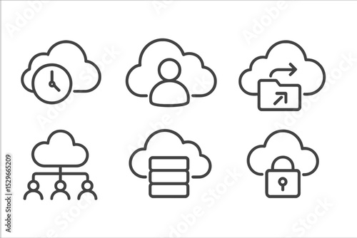Cloud Service Icons. Line style icons of cloud services: schedule cloud backup, personal cloud space, file access icon, cloud to