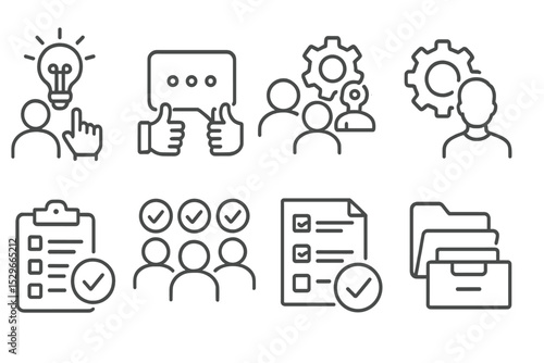 Collaboration Icons Collection. Line style icons of collaboration: idea suggestion icon, message reactions, active users icon,